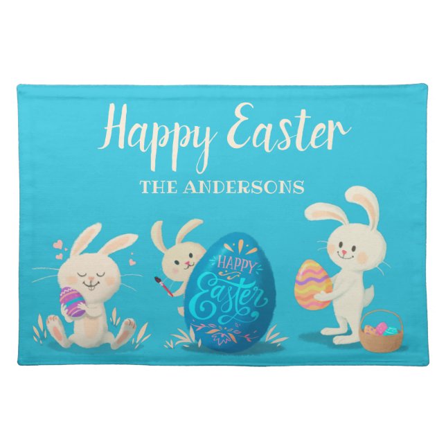 Happy Easter Bunnies and Easter Eggs Personalized Cloth Placemat (Front)