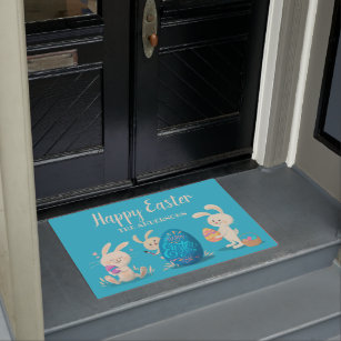 Happy Easter Bunnies and Easter Eggs Personalized Doormat
