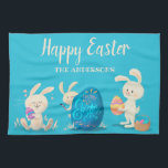 Happy Easter Bunnies and Easter Eggs Personalized Kitchen Towel<br><div class="desc">Brighten up your Easter decorating with this Happy Easter kitchen towel that's ready to be personalized with your name and features a cute illustration of three bunnies with painted Easter eggs set against a bright turquoise blue background.</div>