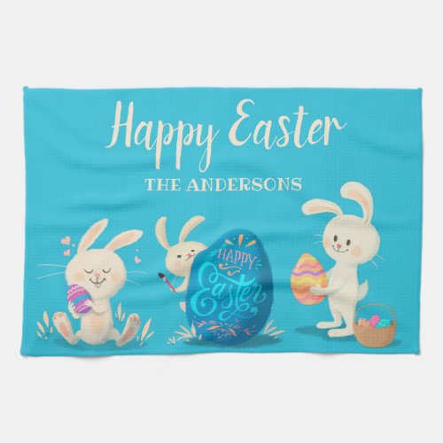 Happy Easter Bunnies and Easter Eggs Personalized Kitchen Towel