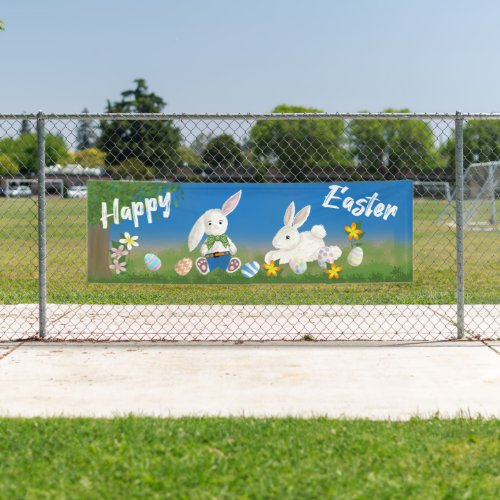 Happy Easter  Bunnies and Painted Eggs Banner