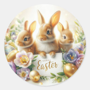 Happy Easter, Bunnies, Easter Eggs and Flowers Classic Round Sticker