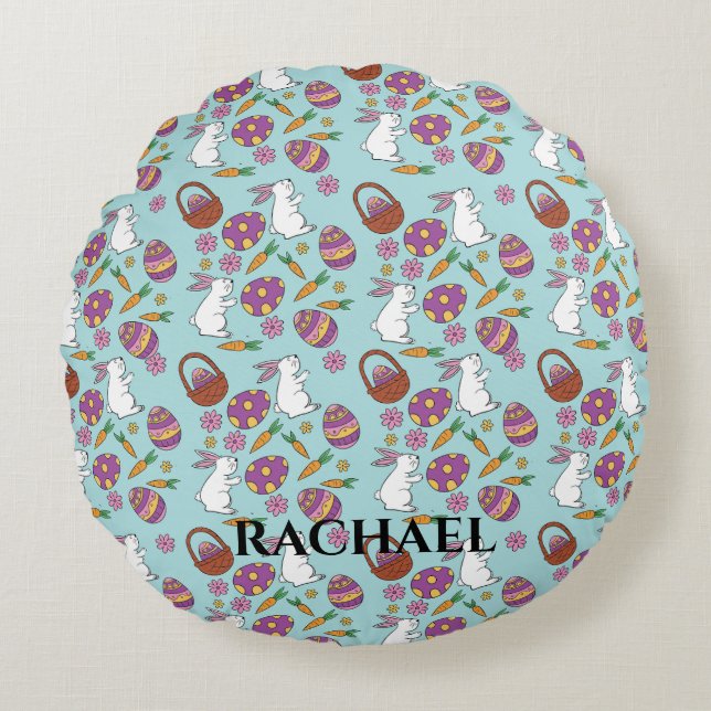 Happy Easter Bunnies Floral Pattern Egg SpringBlue Round Pillow (Front)