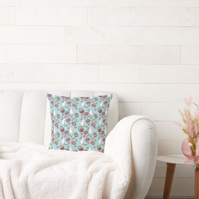 Happy Easter Bunnies Floral Pattern Egg SpringBlue Throw Pillow (Couch)