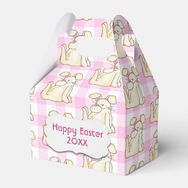 Happy Easter Bunnies On Gingham Favor Boxes (Front Side)