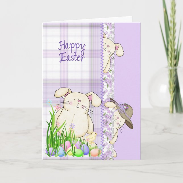 Happy Easter Bunnies on Plaid Holiday Card (Front)