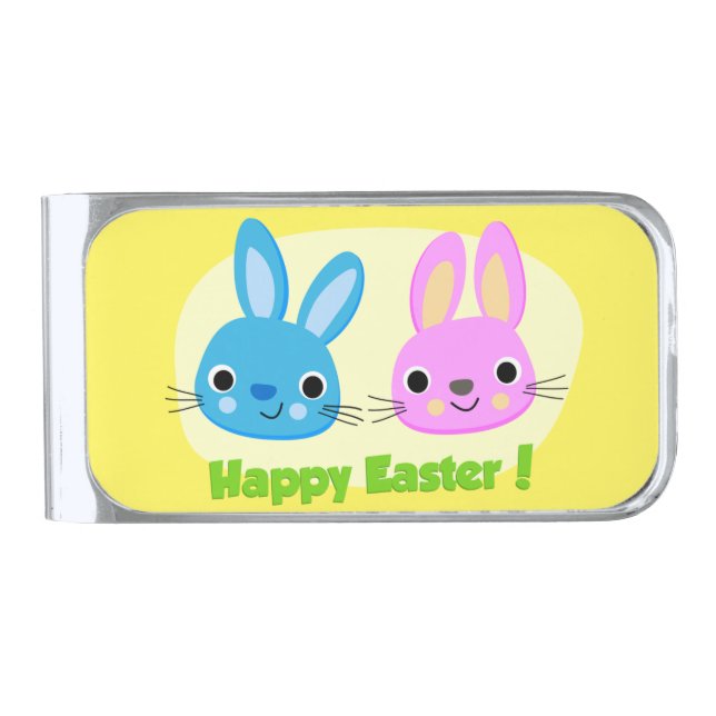 "HAPPY EASTER" BUNNIES SILVER FINISH MONEY CLIP (Front)