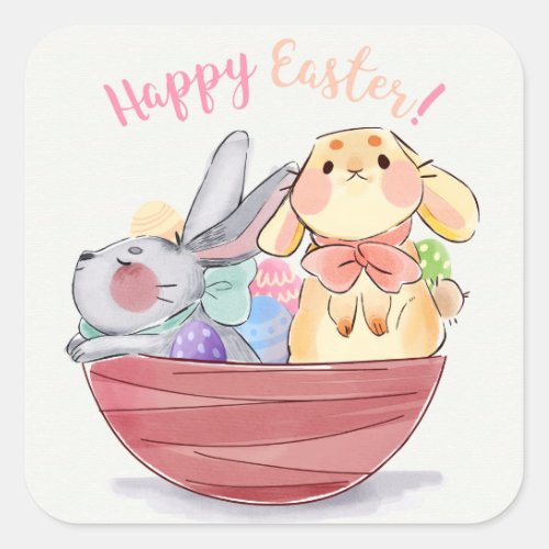 Happy Easter Bunnies Square Sticker