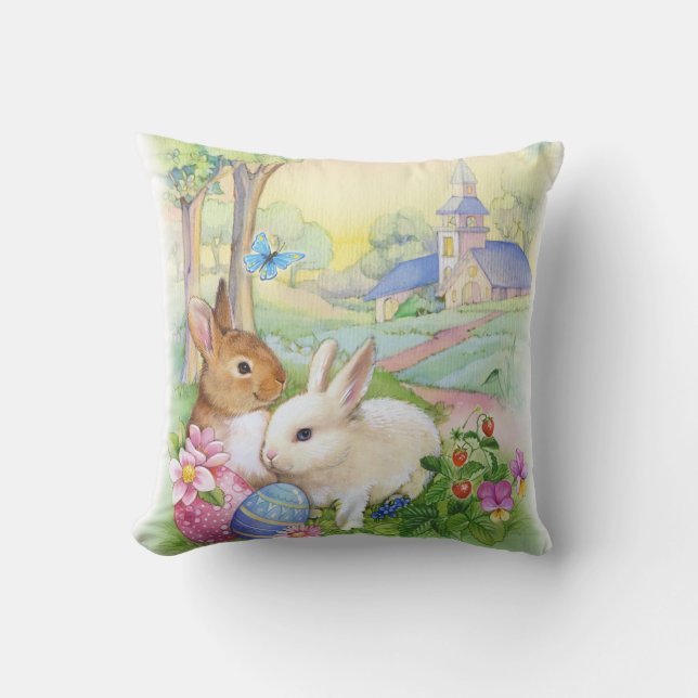 Happy Easter Bunnies Throw Pillow (Front)