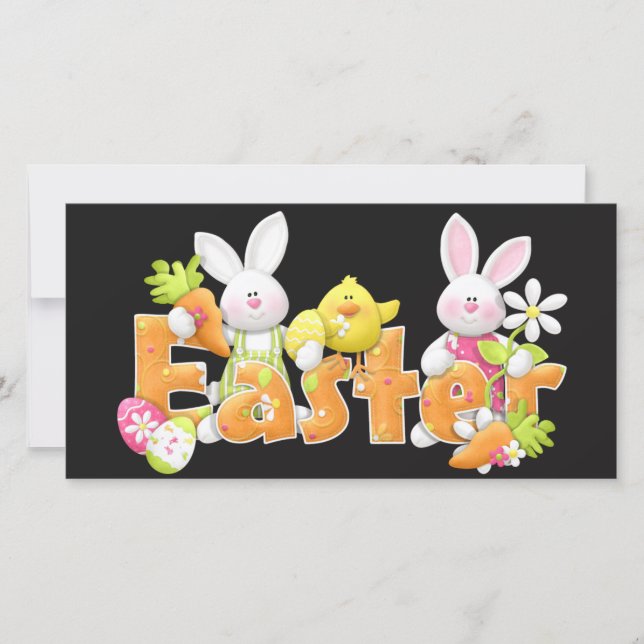 Happy Easter Bunnies with chick background Holiday Card (Front)