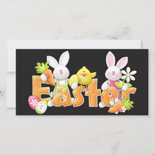 Happy Easter Bunnies with chick background Holiday Card