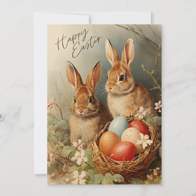 Happy Easter Bunnies with Easter Egg Basket  Holiday Card (Front)