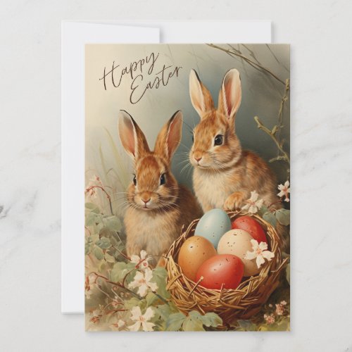 Happy Easter Bunnies with Easter Egg Basket  Holiday Card