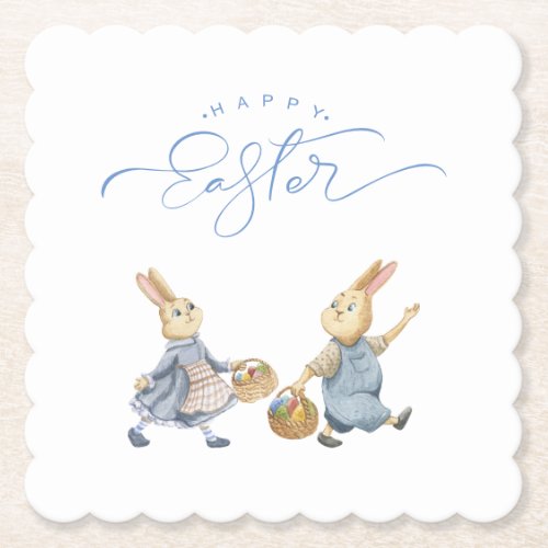 Happy Easter Bunnies with Egg Baskets Paper Coaster