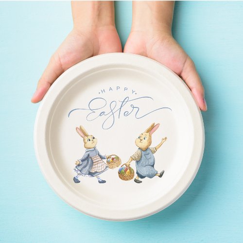 Happy Easter Bunnies with Egg Baskets Paper Plates