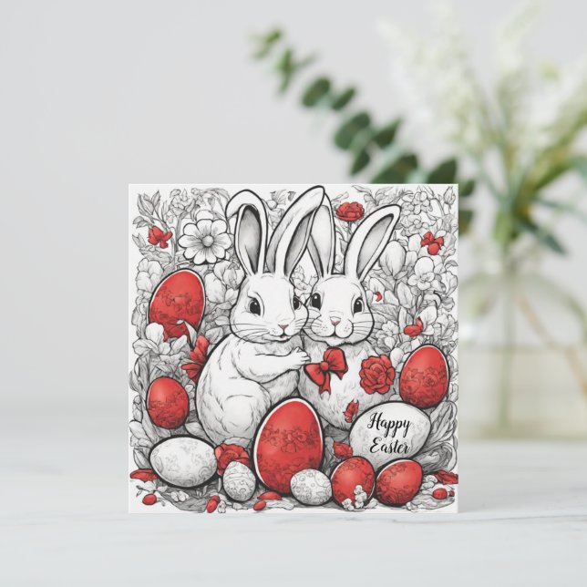 Happy Easter bunnies with eggs Holiday Card (Standing Front)