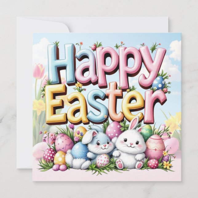 Happy Easter Bunnies with Eggs Holiday Card (Front)
