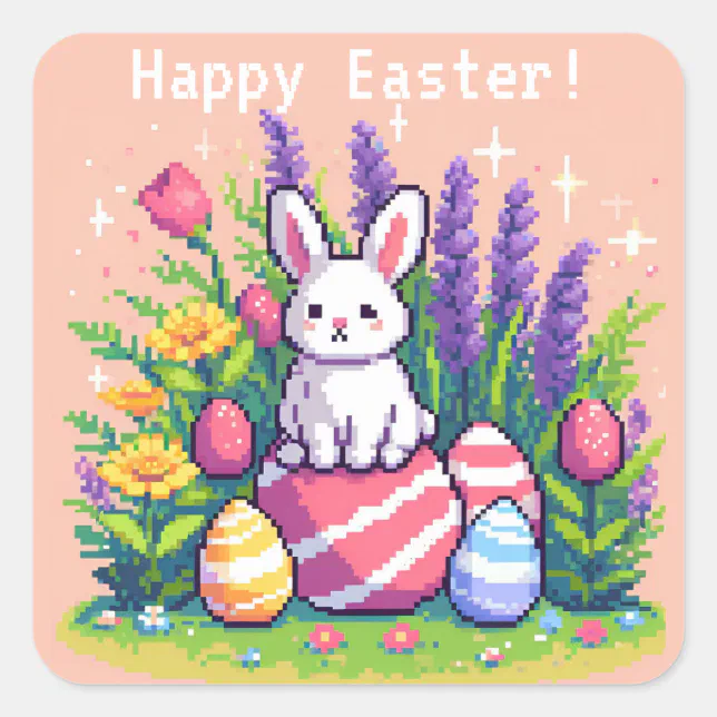 Happy Easter bunny 8 bit pixel art Square Sticker | Zazzle