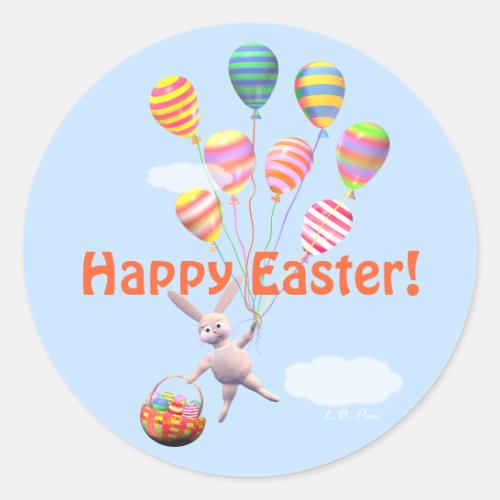 Happy Easter Bunny and Balloons Classic Round Sticker