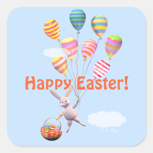 Happy Easter Bunny and Balloons Square Sticker