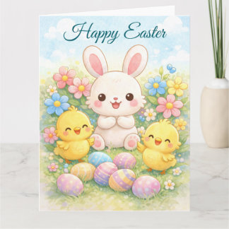 Happy Easter Bunny and Chicks Cute Pastel Card