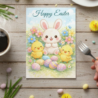 Happy Easter Bunny and Chicks Cute Pastel Holiday Card