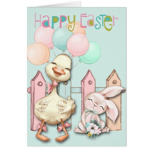 Happy Easter Bunny and Duck with Balloons (Front)