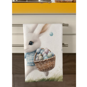 Happy Easter Bunny and Egg Basket Kitchen Towel