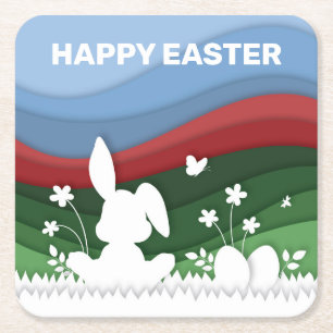 Happy easter bunny and egg hunt in nature square paper coaster