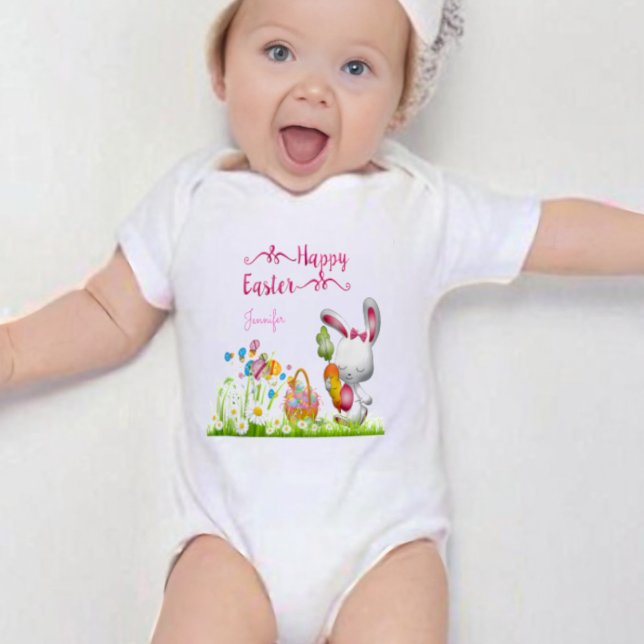 Happy Easter Bunny and Eggs Baby Girl Personalized Bodysuit (Creator Uploaded)