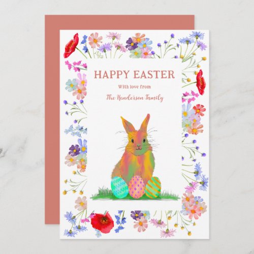 Happy Easter Bunny and Eggs Floral Holiday Card
