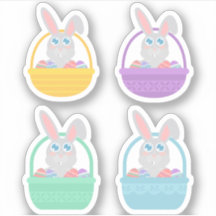 Happy Easter Bunny and Eggs in Basket Sticker Set