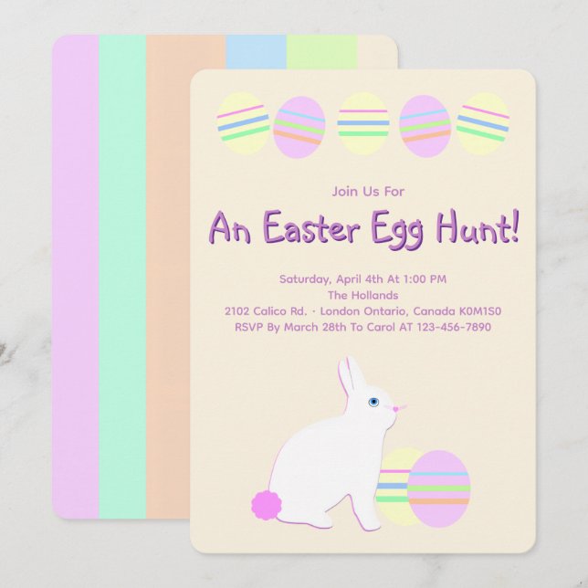 Happy Easter Bunny and Eggs on Pastel Stripes  Invitation (Front/Back)