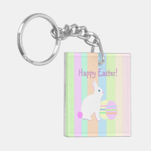 Happy Easter Bunny and Eggs on Stripes Keychain