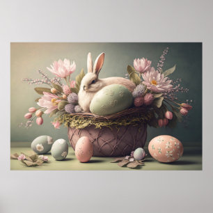 Happy Easter bunny and eggs, pastel colors Poster