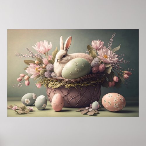 Happy Easter bunny and eggs pastel colors Poster