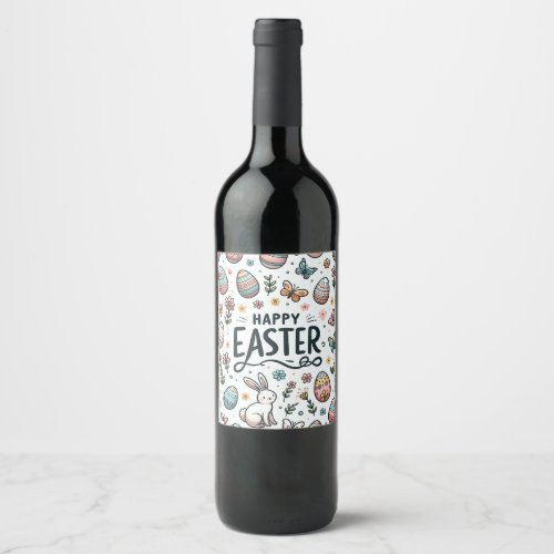 Happy Easter Bunny and Eggs Pattern Wine Label