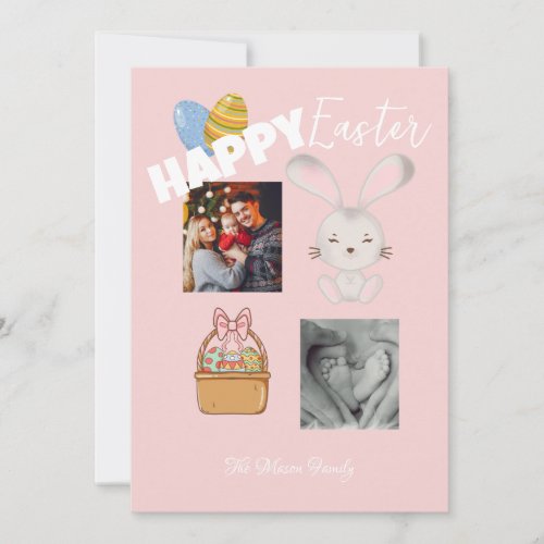 Happy Easter Bunny and Eggs Pink Family Photo Holiday Card