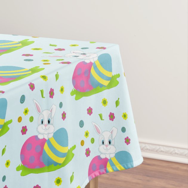 Simhomsen Embroidered Easter Bunny Tablecloth - Round 69 Inch, Floral & Woodland Scene Design For Spring Dining