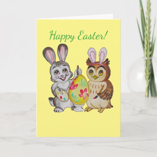 Happy Easter Bunny and Owl painting egg Holiday Card