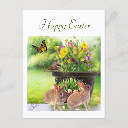 Happy Easter Bunny and  Spring Flowers Postcard