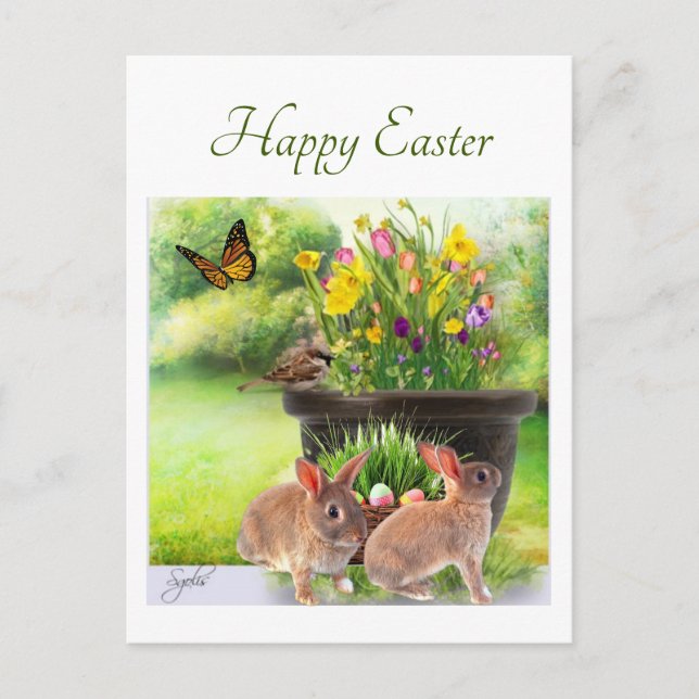 Happy Easter Bunny and  Spring Flowers Postcard (Front)
