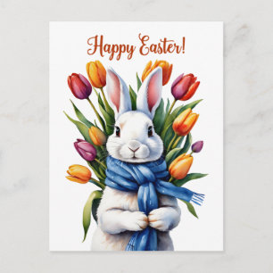 Happy Easter Bunny and Tulip Flowers  Holiday Postcard