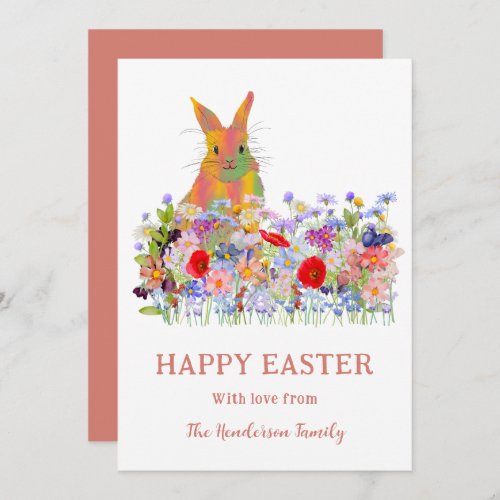 Happy Easter Bunny and Wildflowers Holiday Card