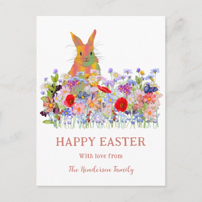 Happy Easter Bunny and Wildflowers Holiday Postcard (Front)