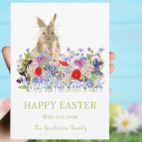 Happy Easter Bunny and Wildflowers Watercolor Holiday Card