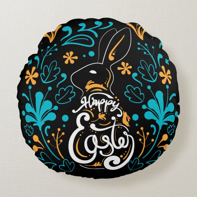 Happy Easter Bunny, Artsy Abstract Floral, Black Round Pillow (Front)