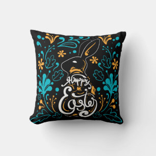 Happy Easter Bunny, Artsy Abstract Floral, Black Throw Pillow