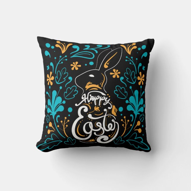 Happy Easter Bunny, Artsy Abstract Floral, Black Throw Pillow (Front)