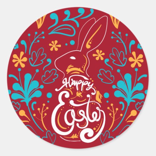Happy Easter Bunny Artsy Abstract Floral Red Classic Round Sticker